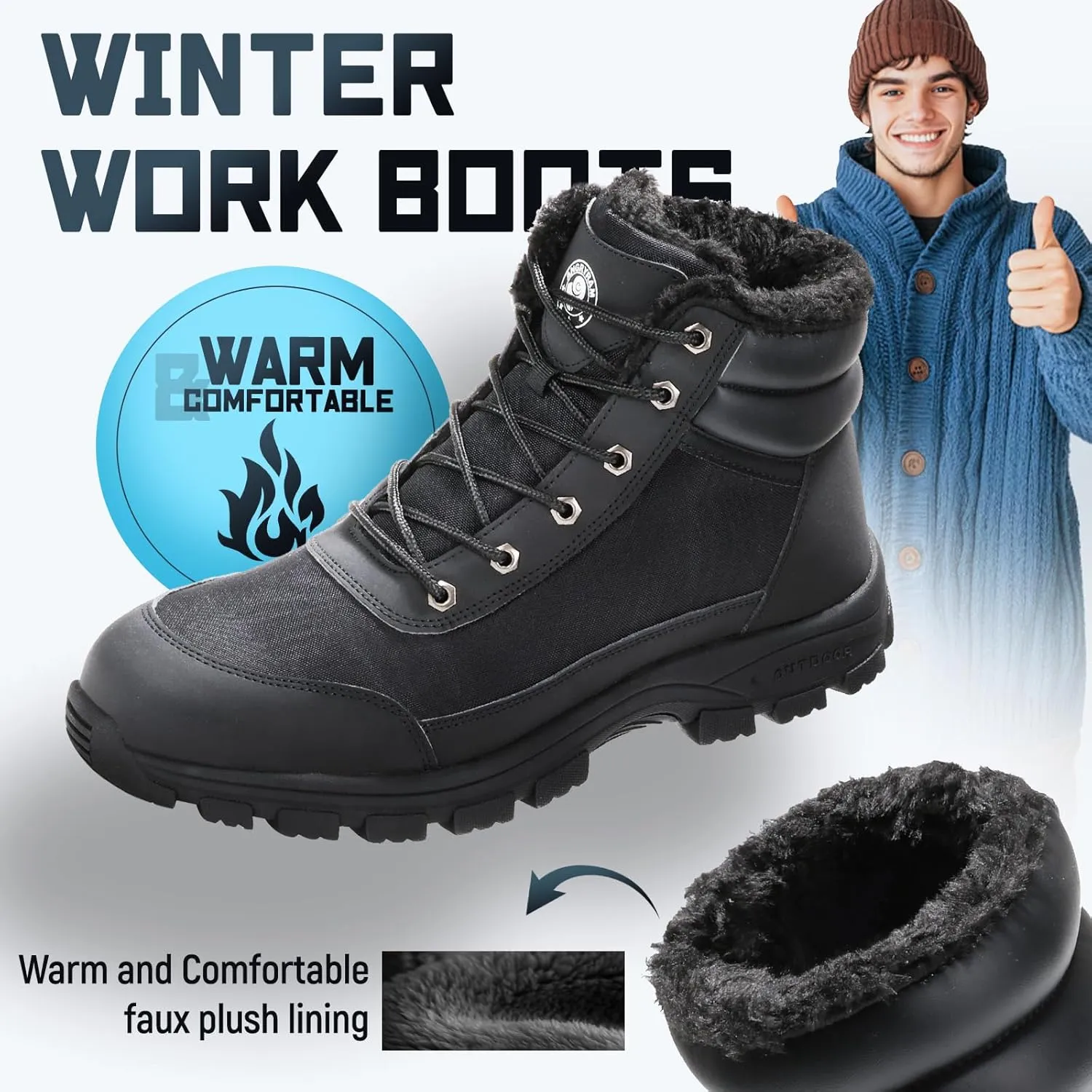 ANGRYRAM Steel Toe Work Boots - Men's & Women's Winter Snow Boots, Waterproof, Slip Resistant, Indestructible Construction