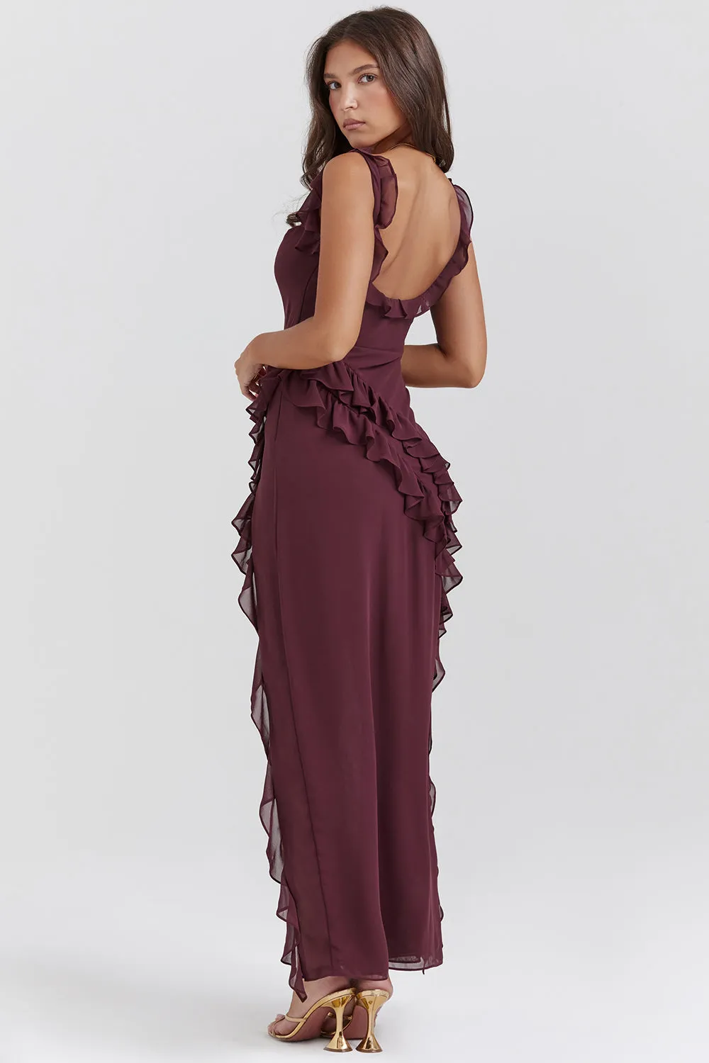 Ariela Mulberry Ruffle Maxi Dress