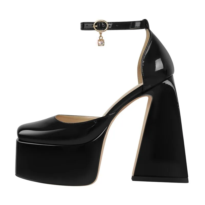 Chunky Platform Pumps Ankle Strap Triangle Heel Shoes