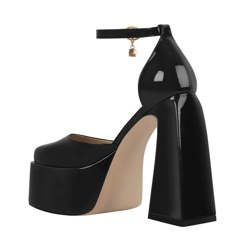 Chunky Platform Pumps Ankle Strap Triangle Heel Shoes