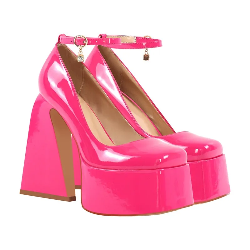 Chunky Platform Pumps Ankle Strap Triangle Heel Shoes