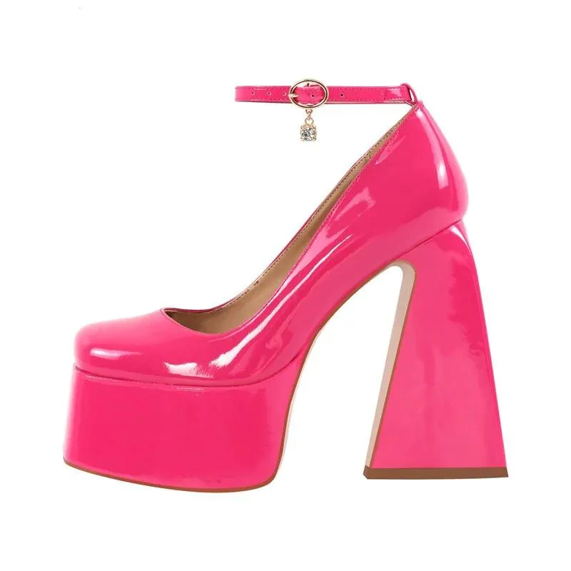Chunky Platform Pumps Ankle Strap Triangle Heel Shoes