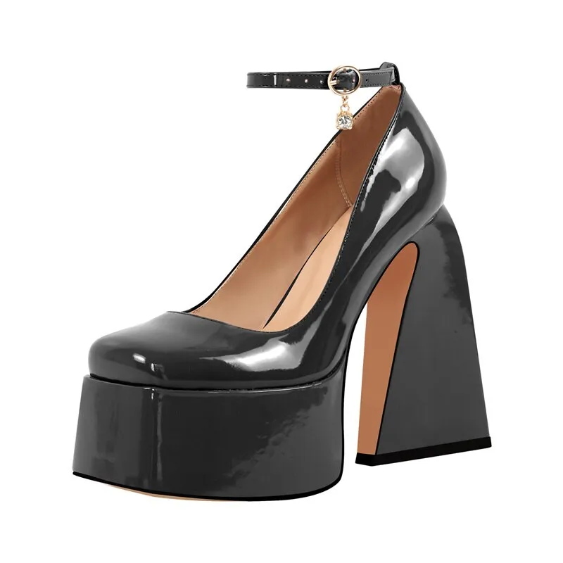 Chunky Platform Pumps Ankle Strap Triangle Heel Shoes