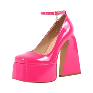 Chunky Platform Pumps Ankle Strap Triangle Heel Shoes