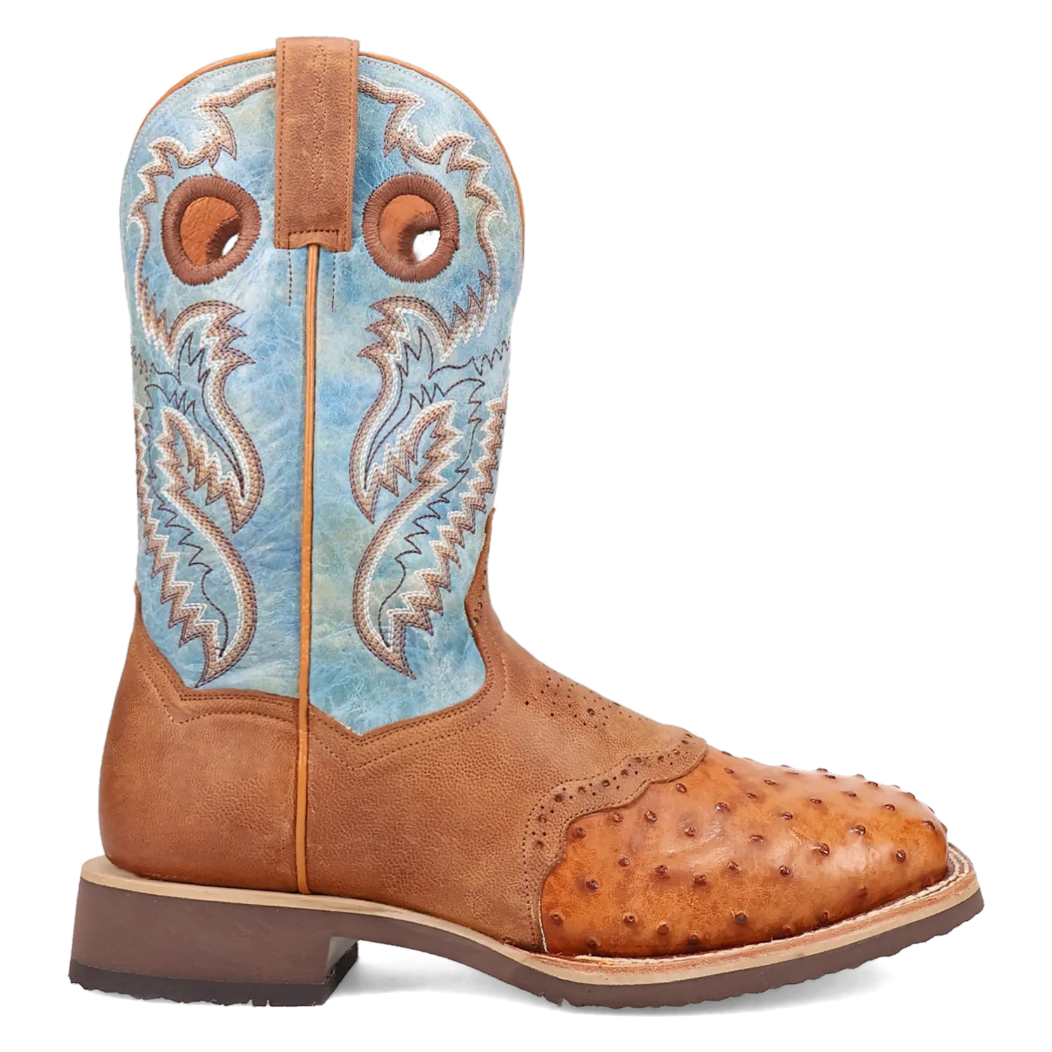 Dan Post DP6060 11" Martel Brown/Blue Full Quill Ostrich Wide Square Toe Boot With Saddle Vamp