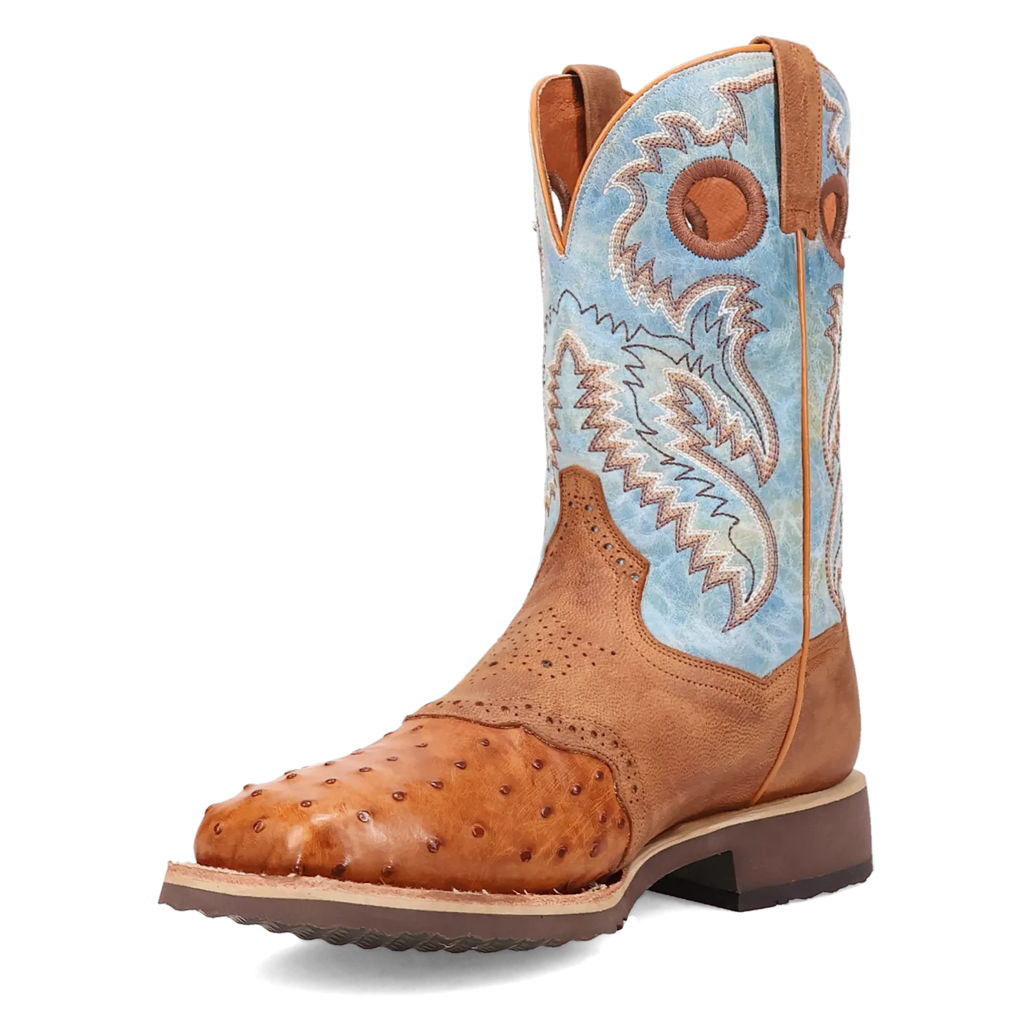 Dan Post DP6060 11" Martel Brown/Blue Full Quill Ostrich Wide Square Toe Boot With Saddle Vamp