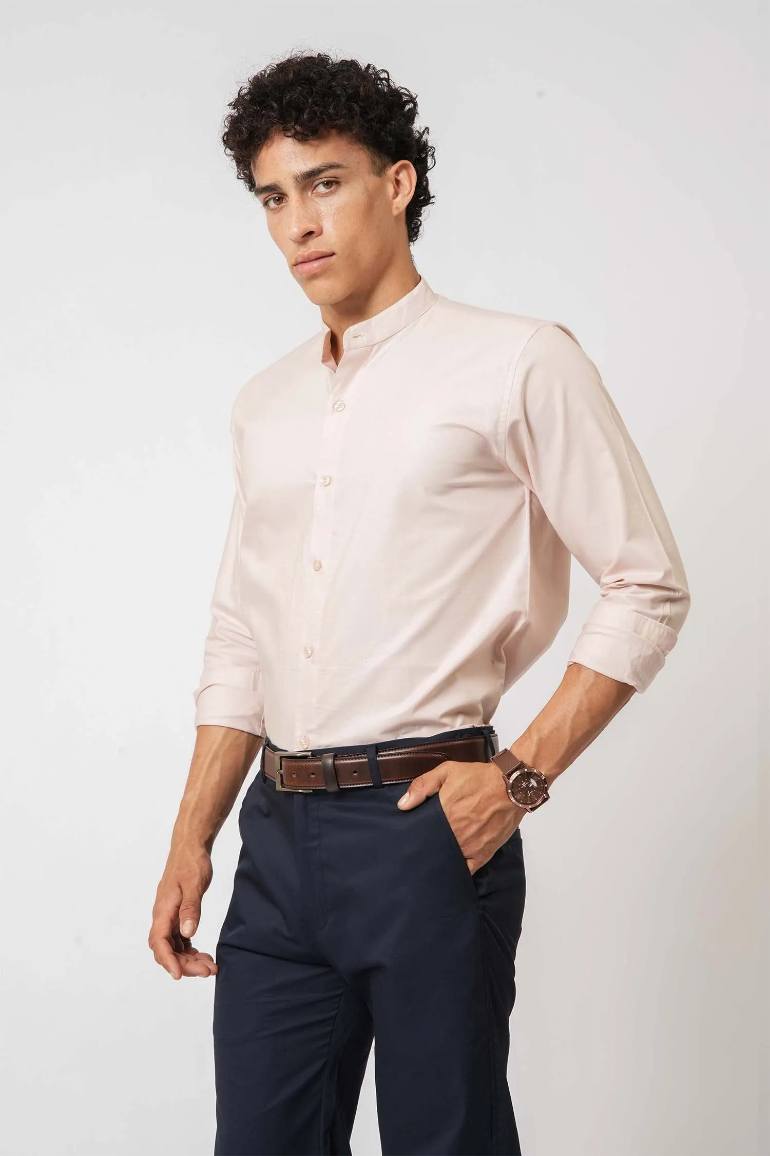 Elegant Pink Mandarin Collar Shirt