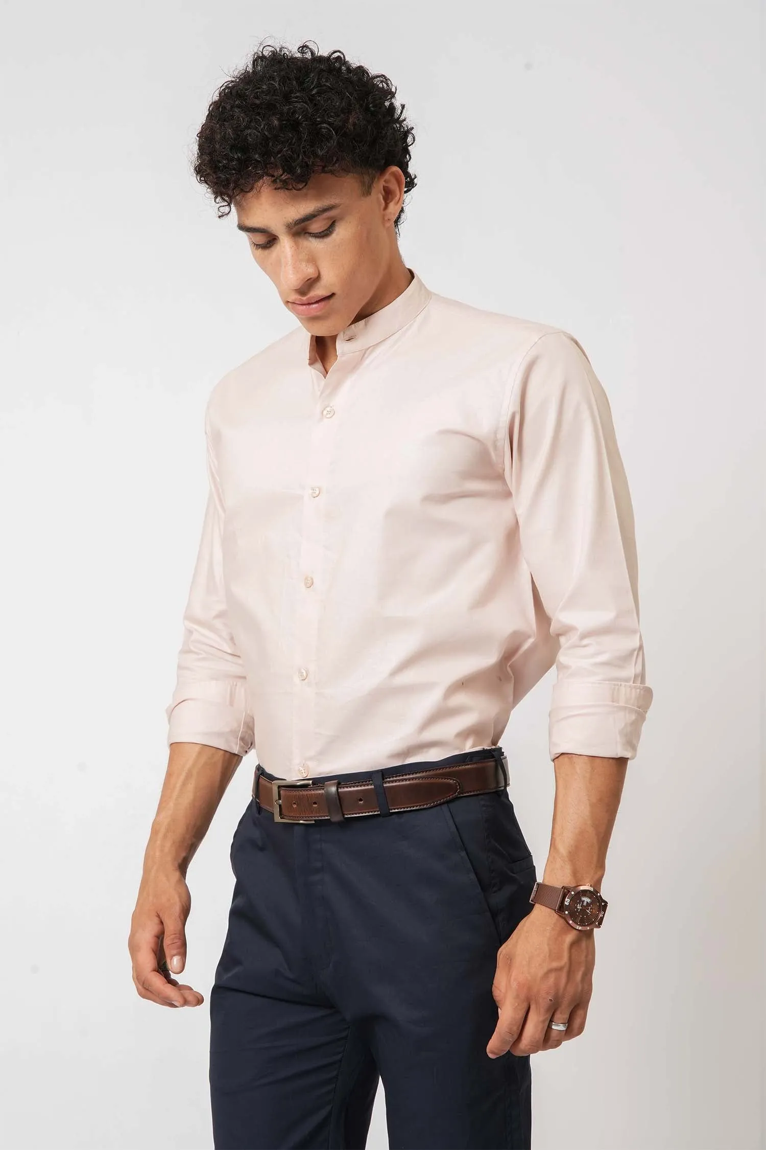 Elegant Pink Mandarin Collar Shirt