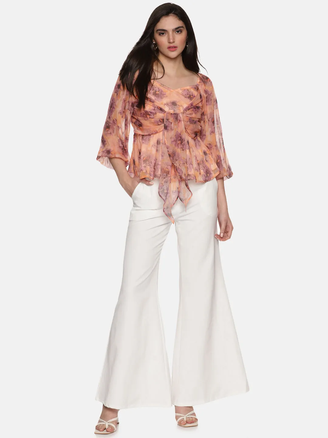 IS.U Floral Peach Front Tie Knot Peplum Top