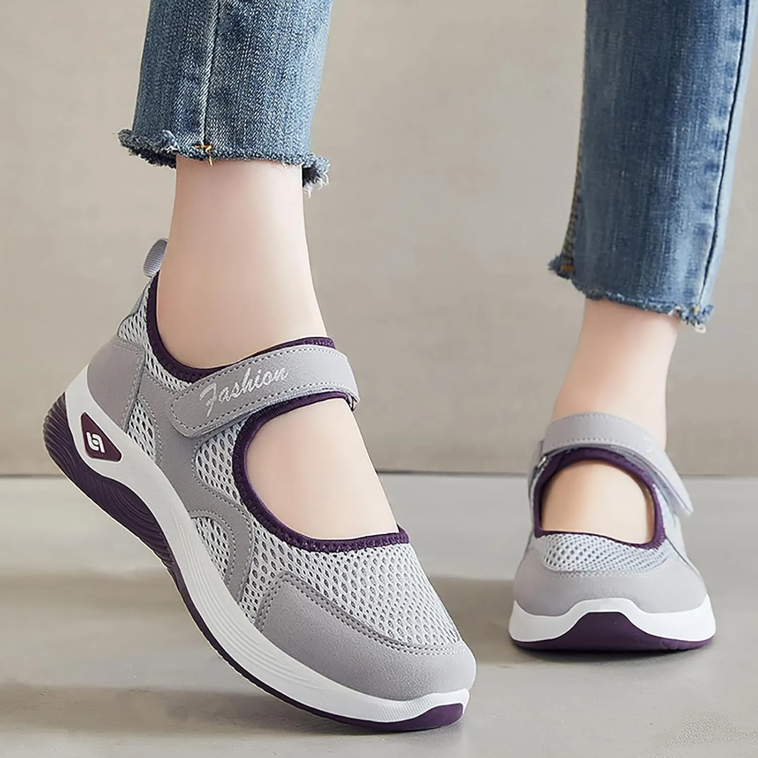 Orthopedic Shoes for Women Non Slip Arch Support Sneakers Mesh Hollow Out Breathable Walking Sneakers Comfortable Adjustable Mary Jane Shoes Lightweight Working Nurse Shoe