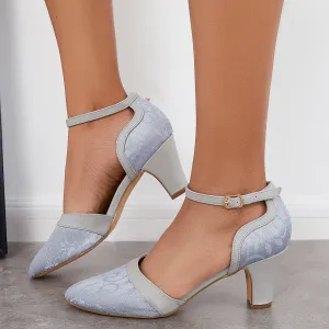 Sohiwoo woman formal Closed Toe Block Heel Lace Satin Pumps Ankle Strap Wedding Shoes