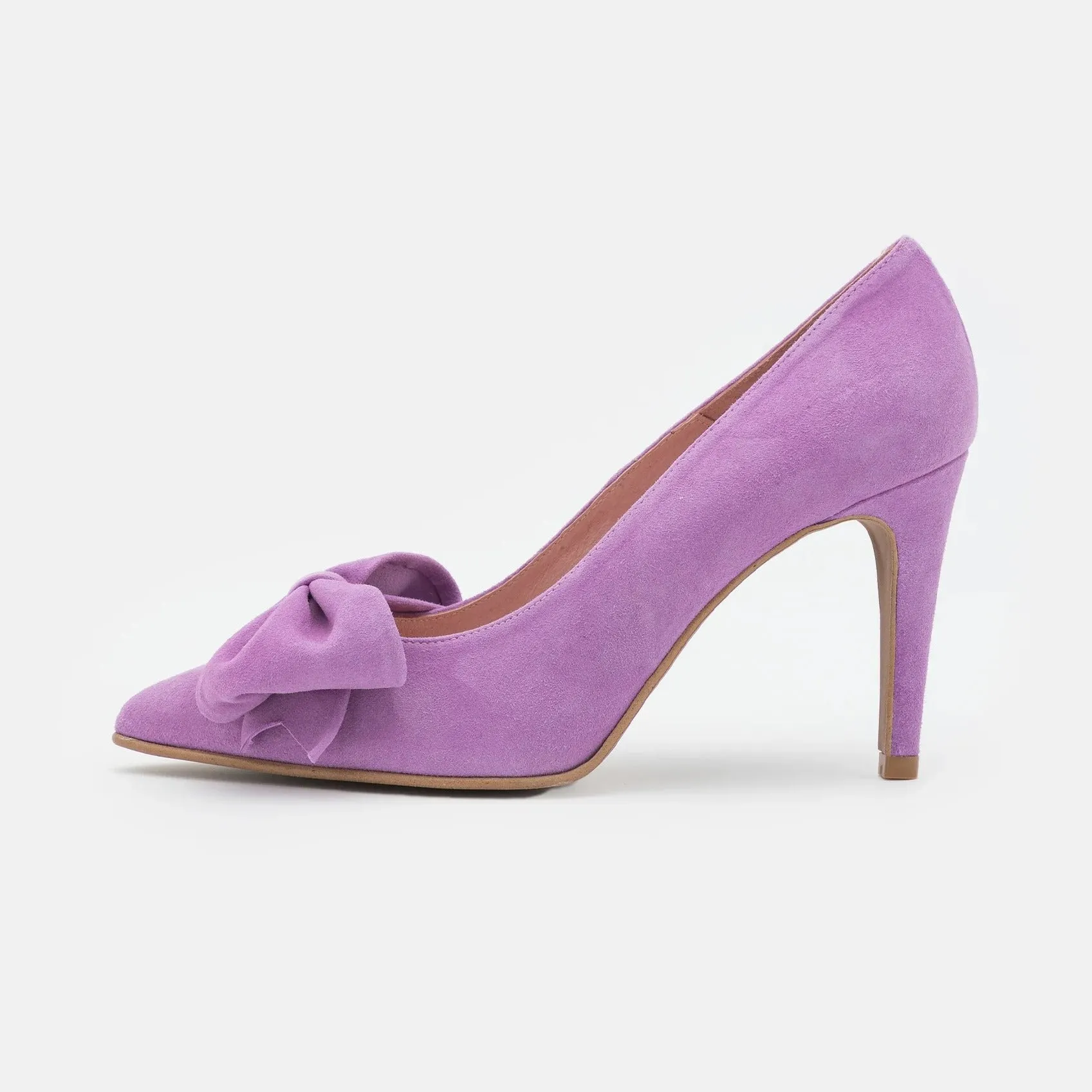 Suede High Heel Pump with Bow - Purple
