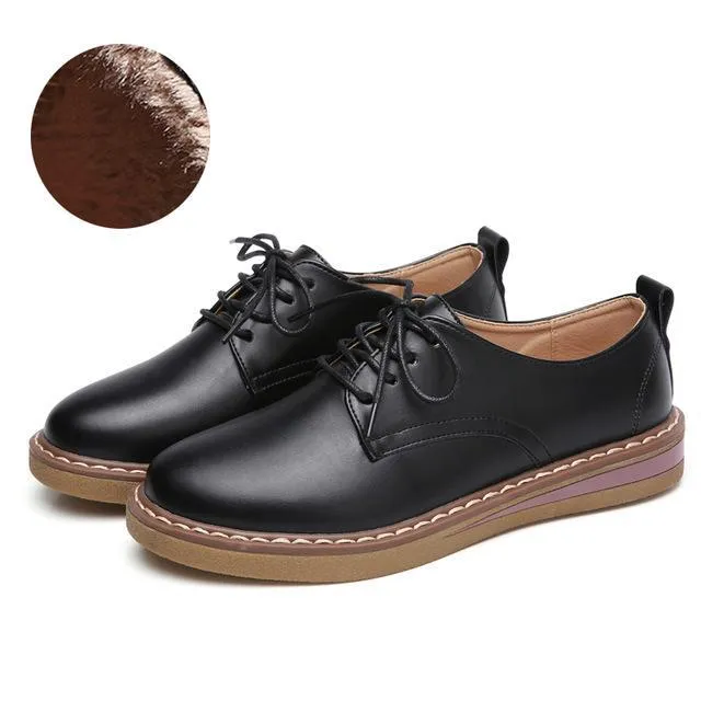 women oxford shoes warming fur women's genuine leather shoes Large Size Ladies loafers